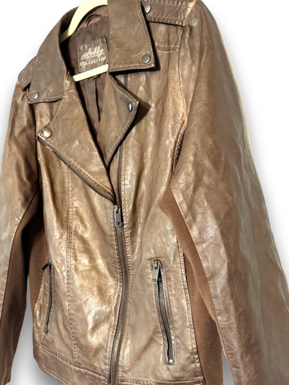 Selby Collection Women's Faux Leather Moto Jacket Brown Whiskey Size Large - Picture 5 of 14